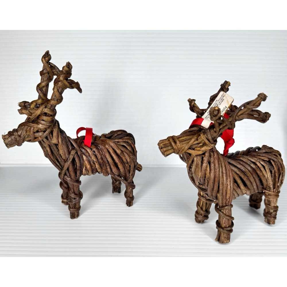 Pottery Barn NWT Reindeer Christmas Ornaments Deer Pair Wood Wicker Ribbon 7" 6"
